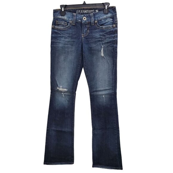 GUESS Women's Daredevil Bootcut Dark Wash‎ Distressed Ripped Denim Jeans Size 27 - Picture 1 of 9